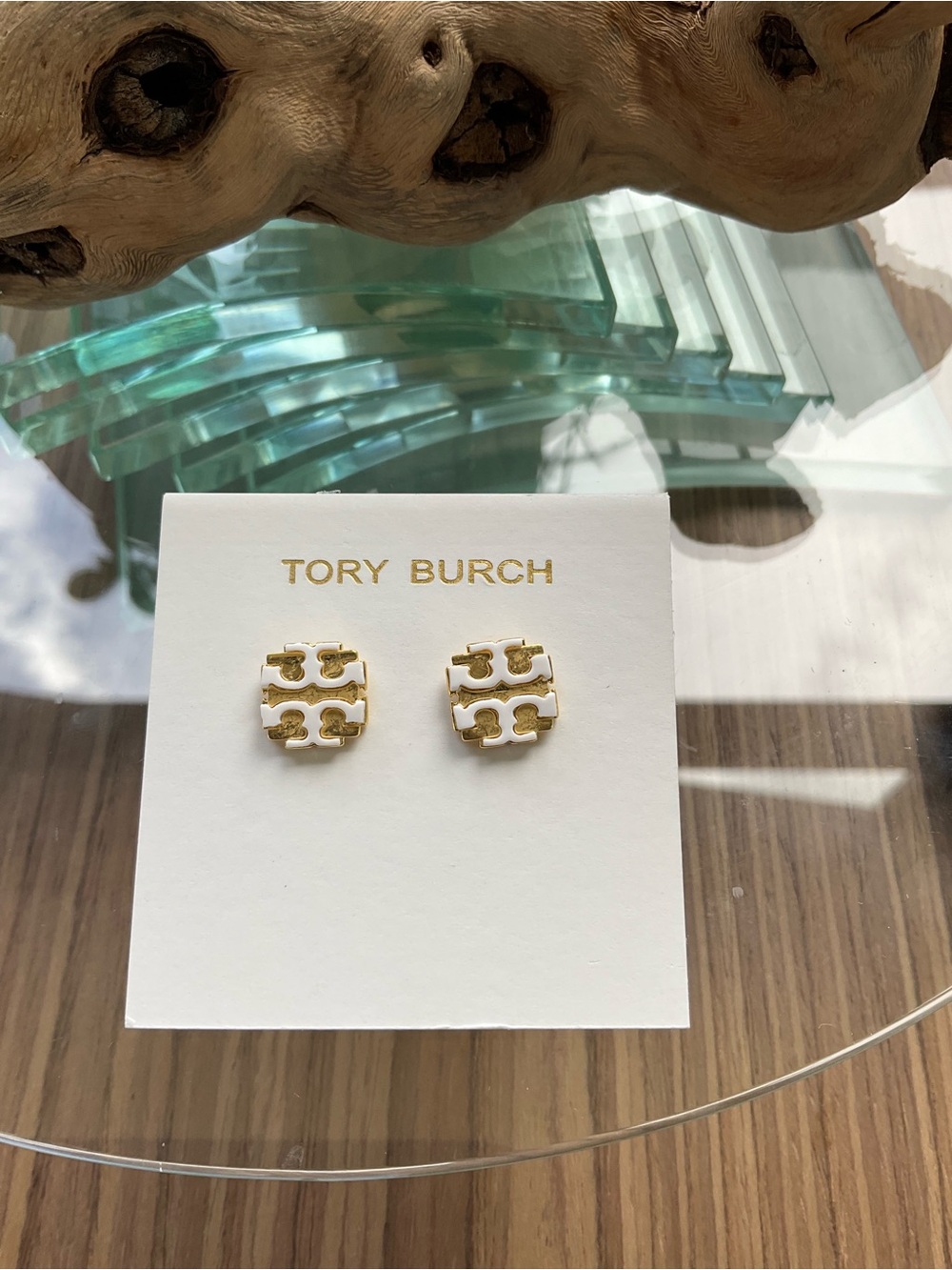 Tory Burch White and Gold Enamel Logo Stud Earrings